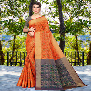 Orange Woven Jacquard Saree - Peachmode