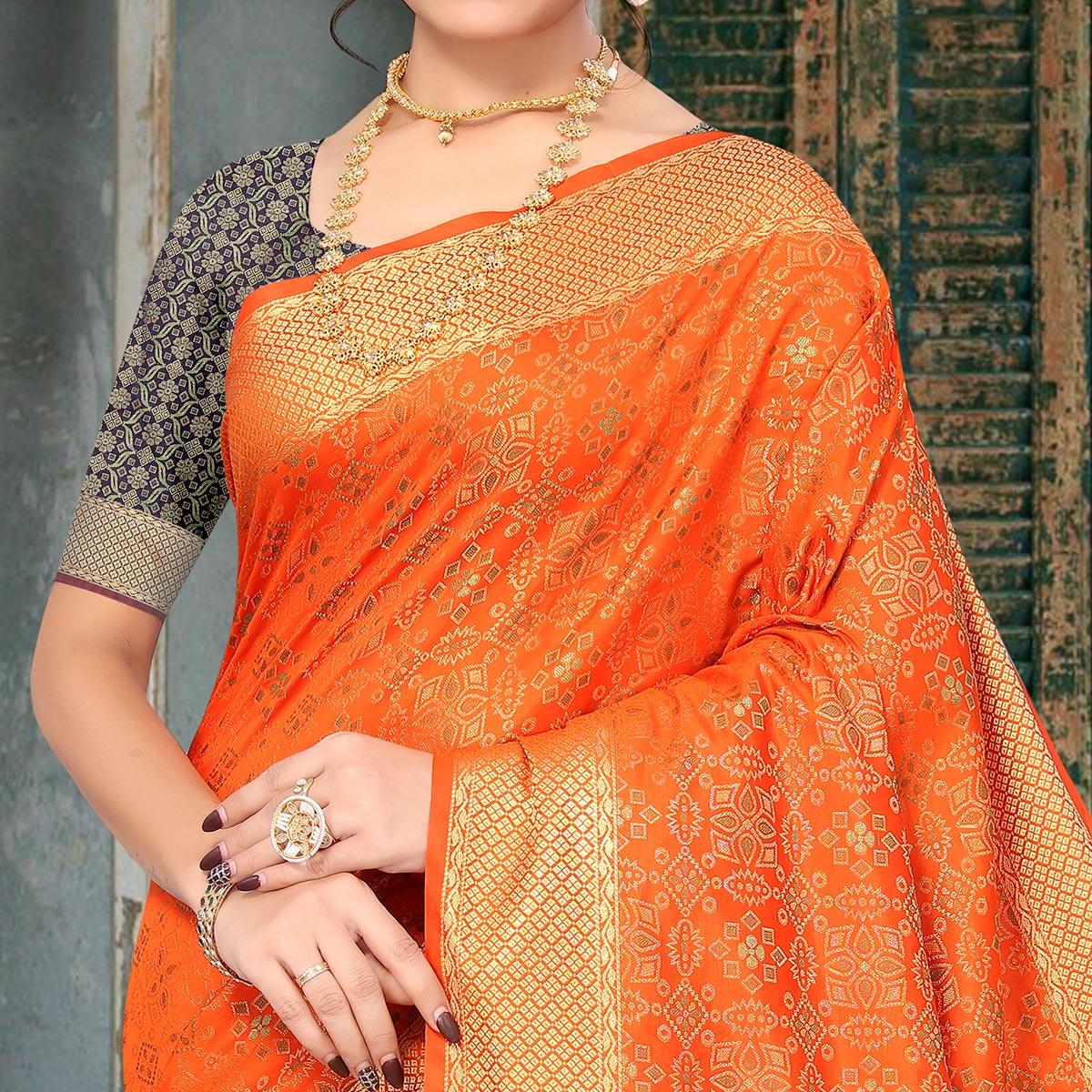 Orange Woven Jacquard Saree - Peachmode