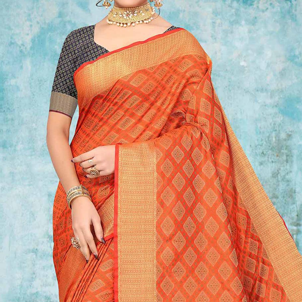 Orange Woven Jacquard Saree - Peachmode