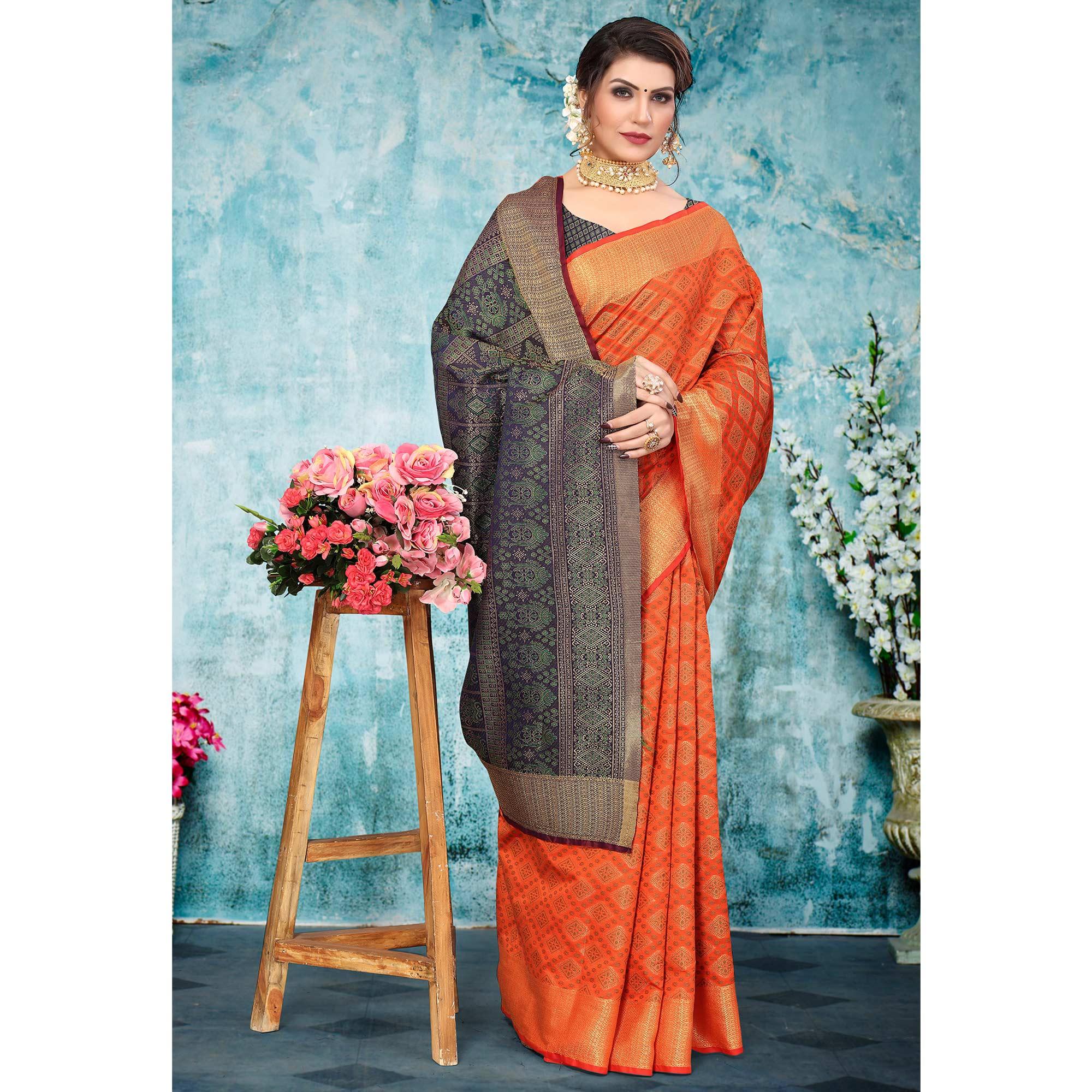 Orange Woven Jacquard Saree - Peachmode