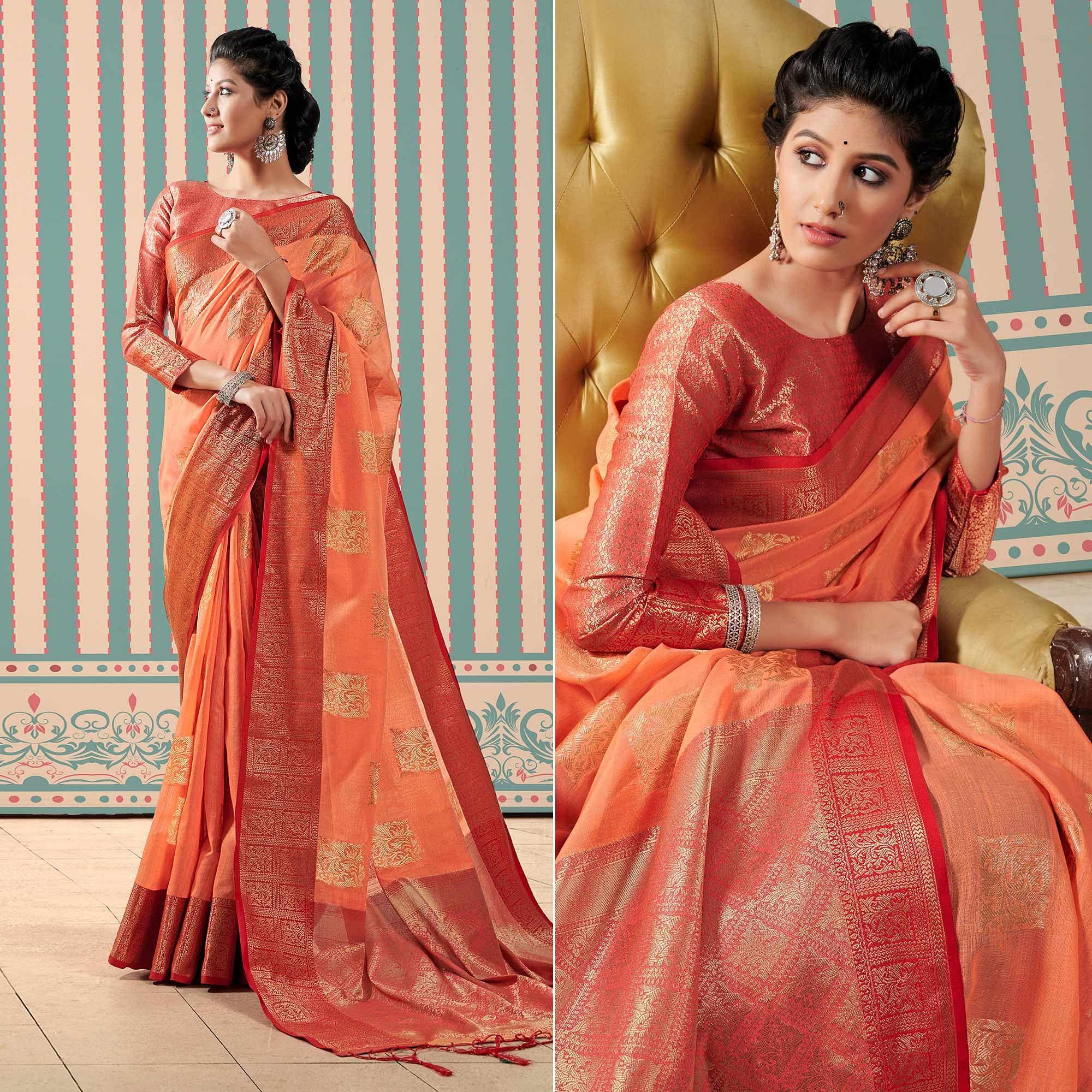 Orange Woven Linen Saree With Tassels - Peachmode