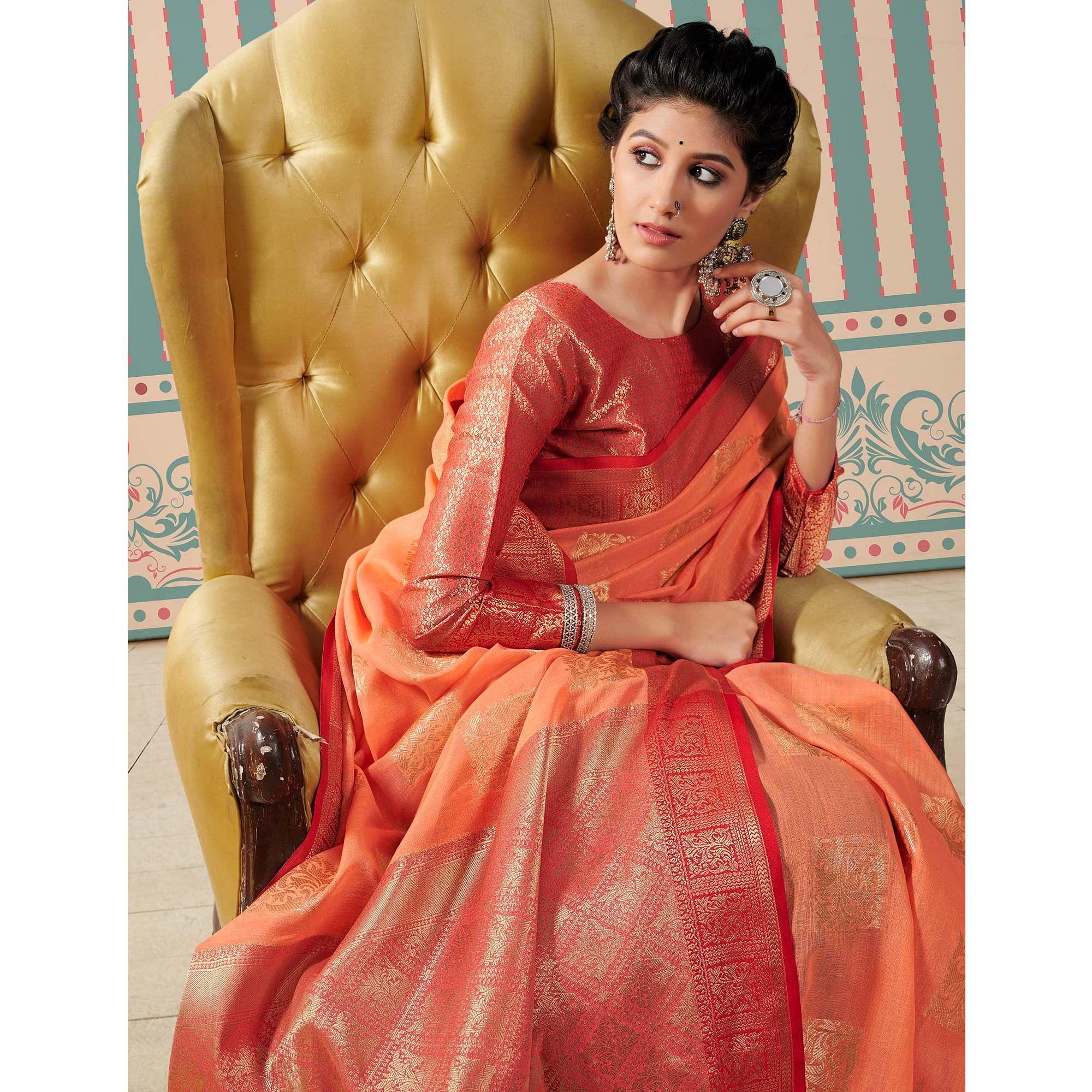 Orange Woven Linen Saree With Tassels - Peachmode