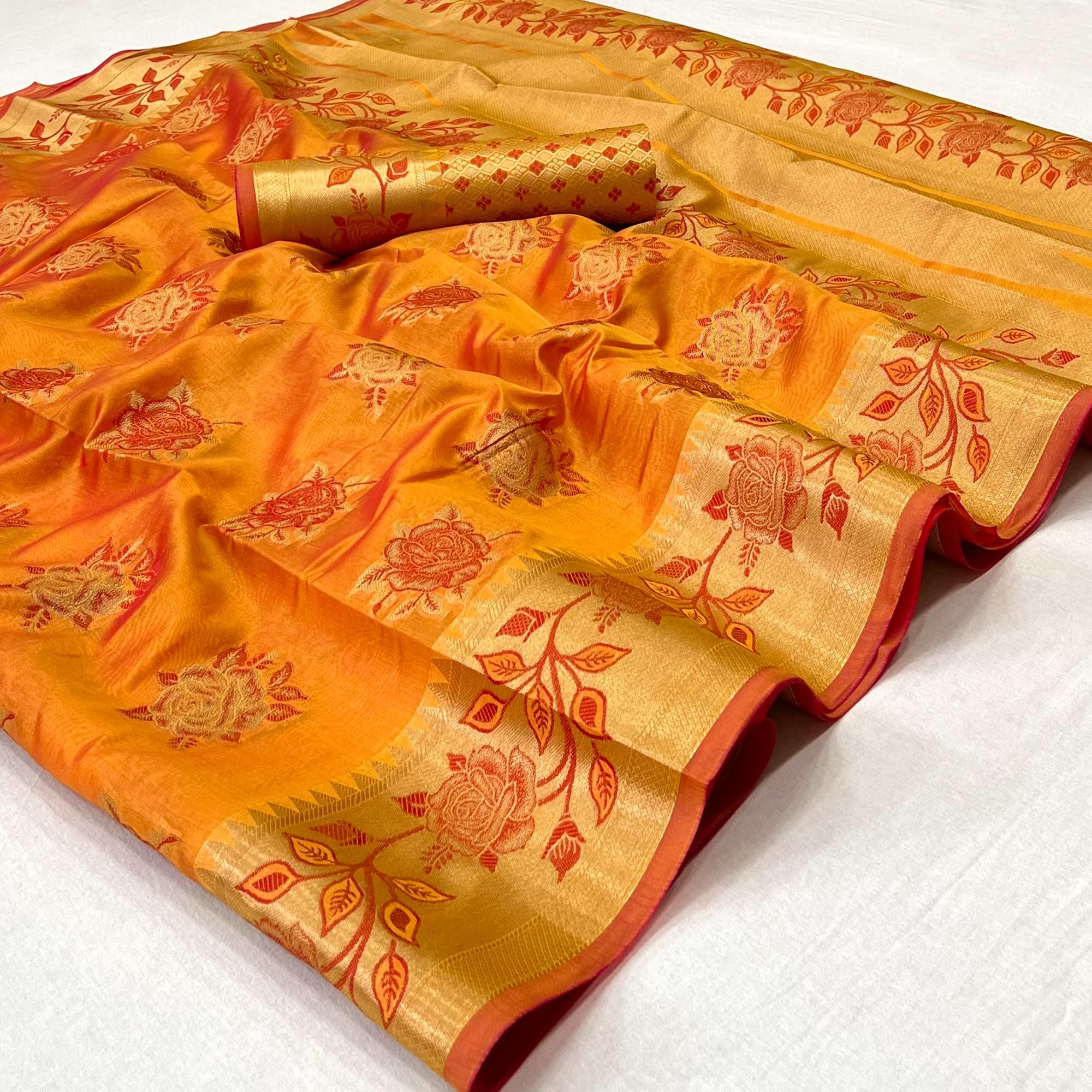 Orange Woven Organza Saree - Peachmode