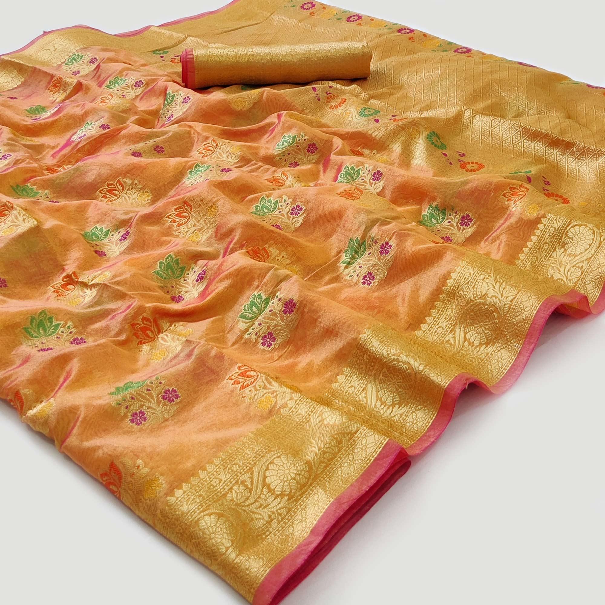Orange Woven Organza Saree - Peachmode