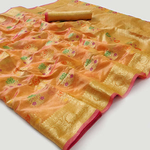 Orange Woven Organza Saree - Peachmode