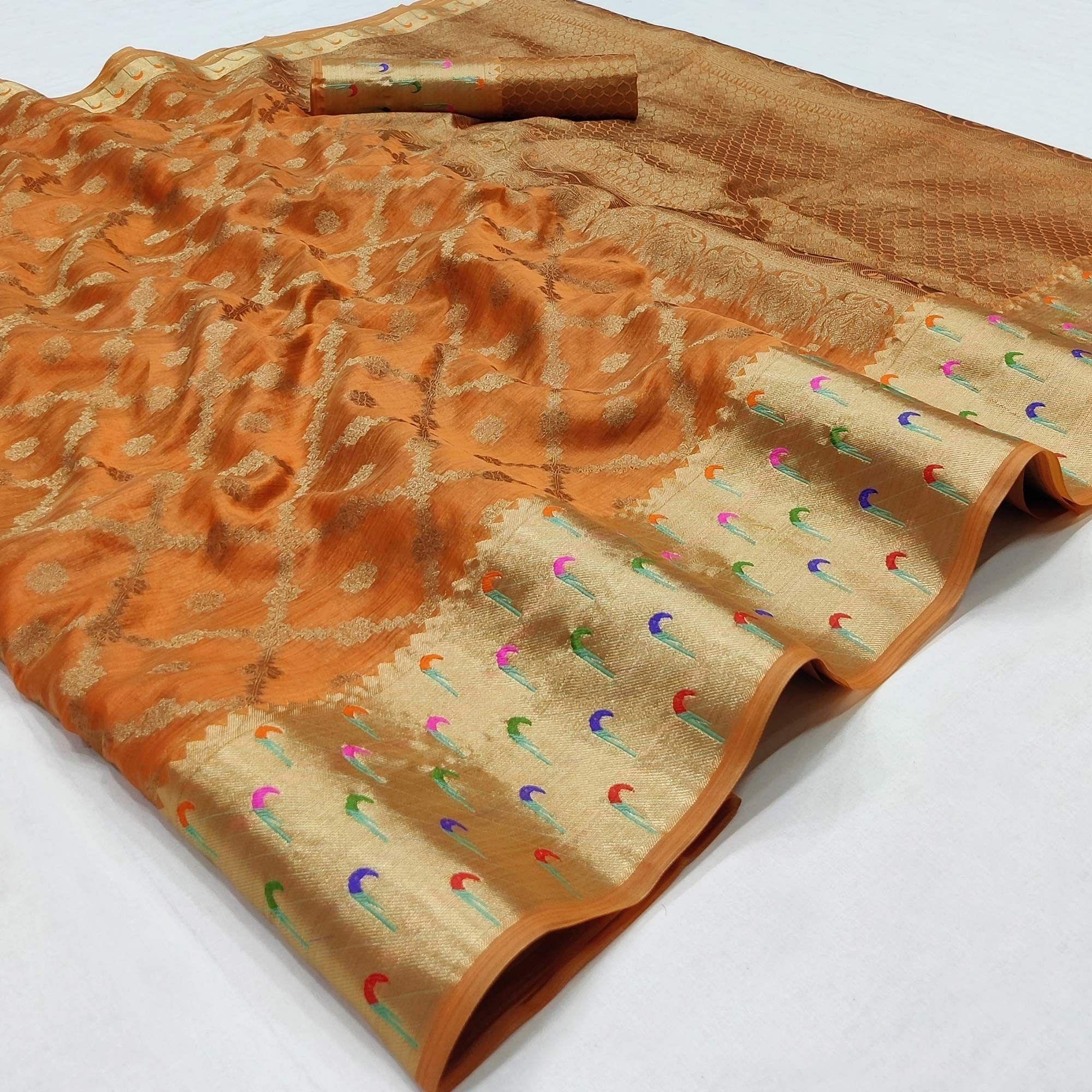 Orange Woven Organza Saree - Peachmode