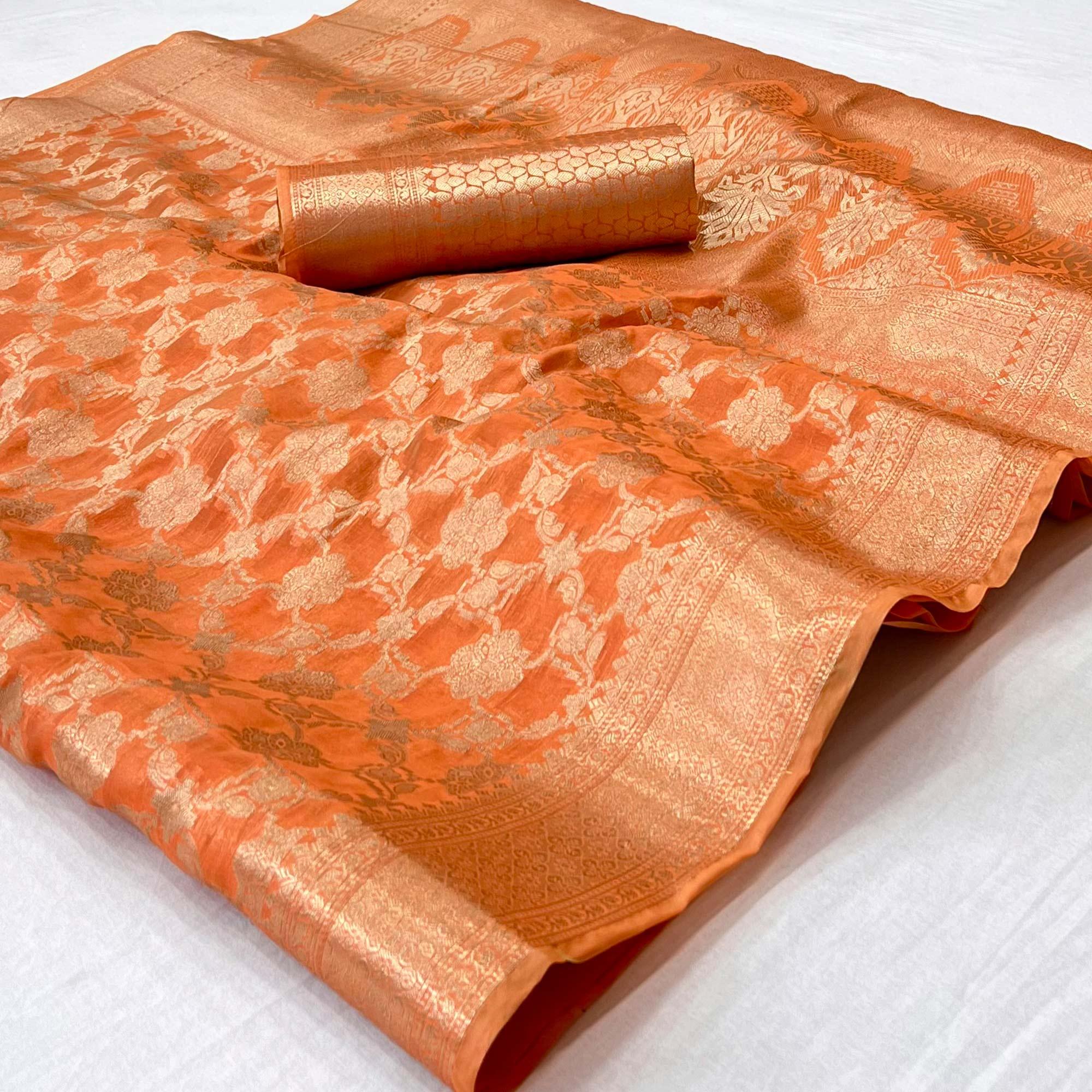 Orange Woven Organza Saree - Peachmode