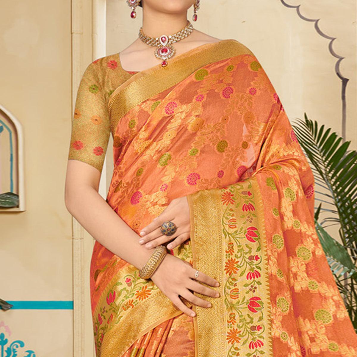 Orange Woven Organza Saree - Peachmode