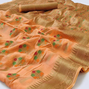 Orange Woven Organza Saree - Peachmode