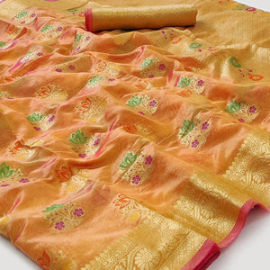 Orange Woven Organza Saree - Peachmode