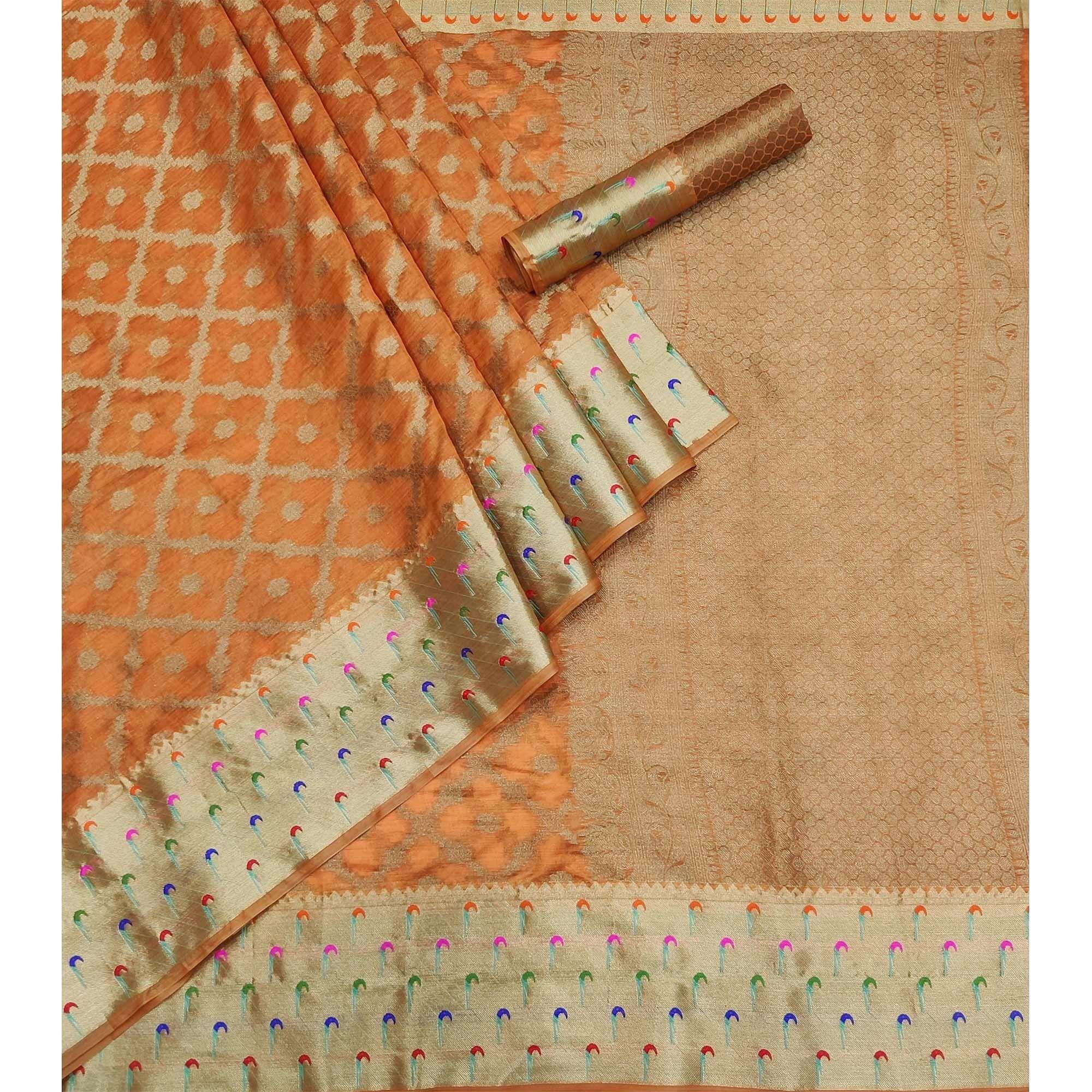 Orange Woven Organza Saree - Peachmode