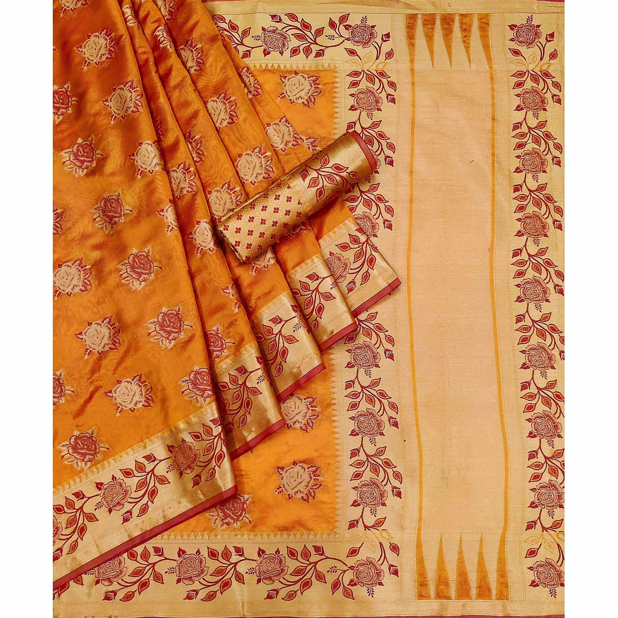Orange Woven Organza Saree - Peachmode