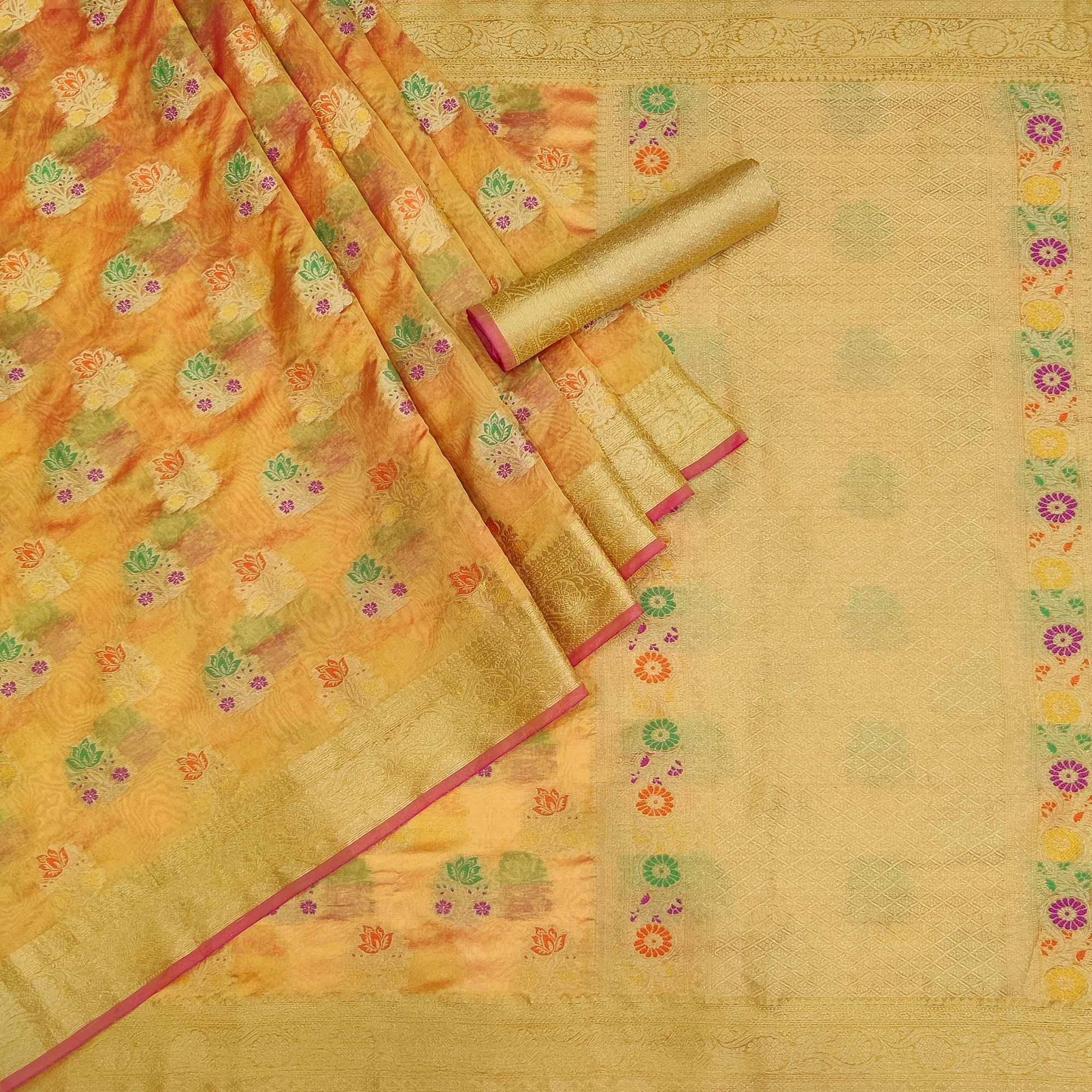 Orange Woven Organza Saree - Peachmode