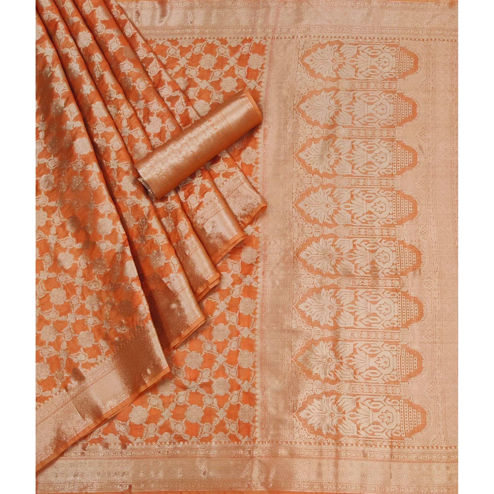 Orange Woven Organza Saree - Peachmode