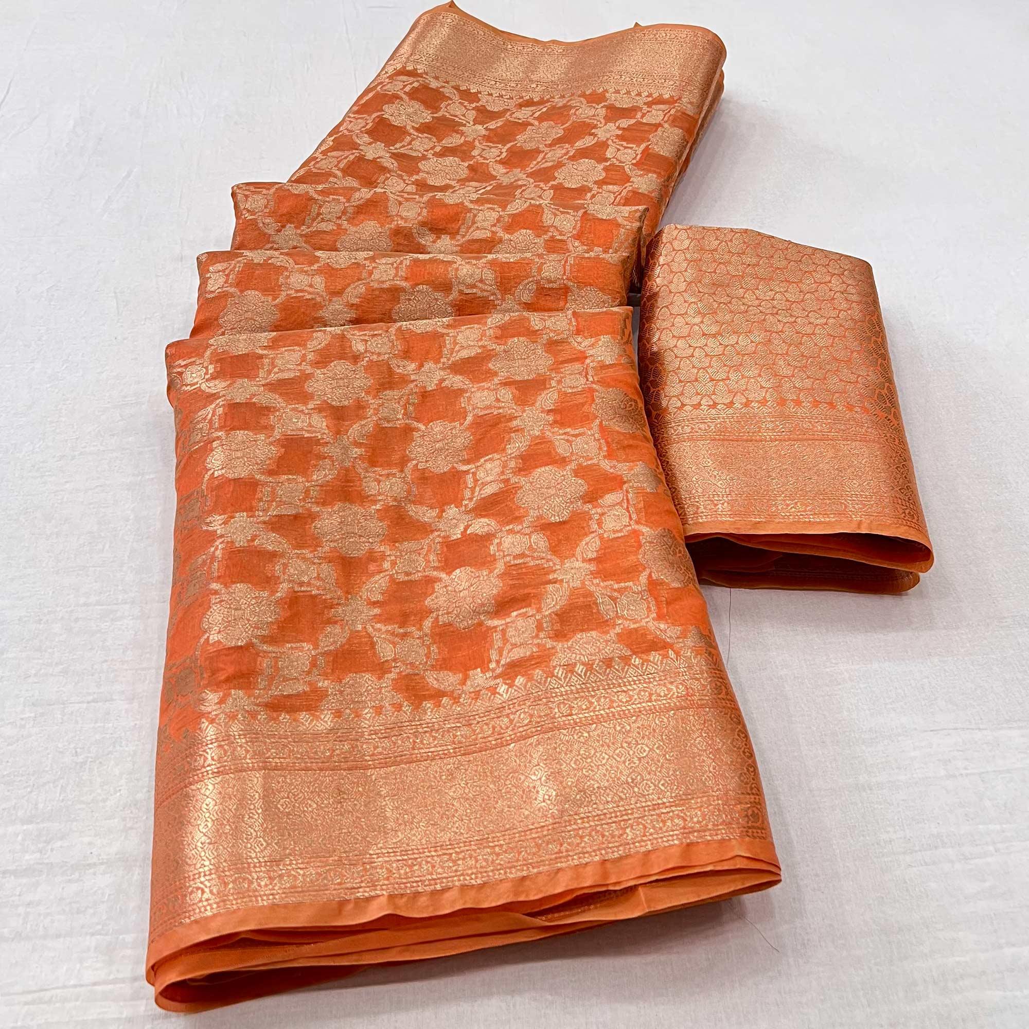 Orange Woven Organza Saree - Peachmode
