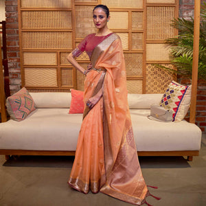 Orange Woven Organza Saree With Tassels - Peachmode