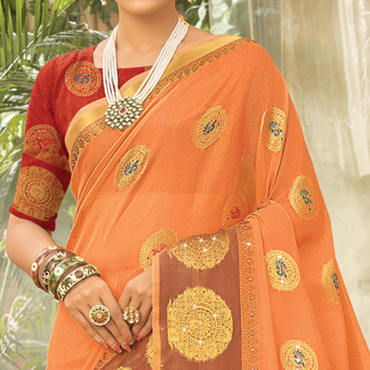 Orange Woven Organza Saree With Tassels - Peachmode