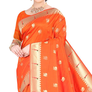 Orange Woven Paithani Art Silk Saree - Peachmode