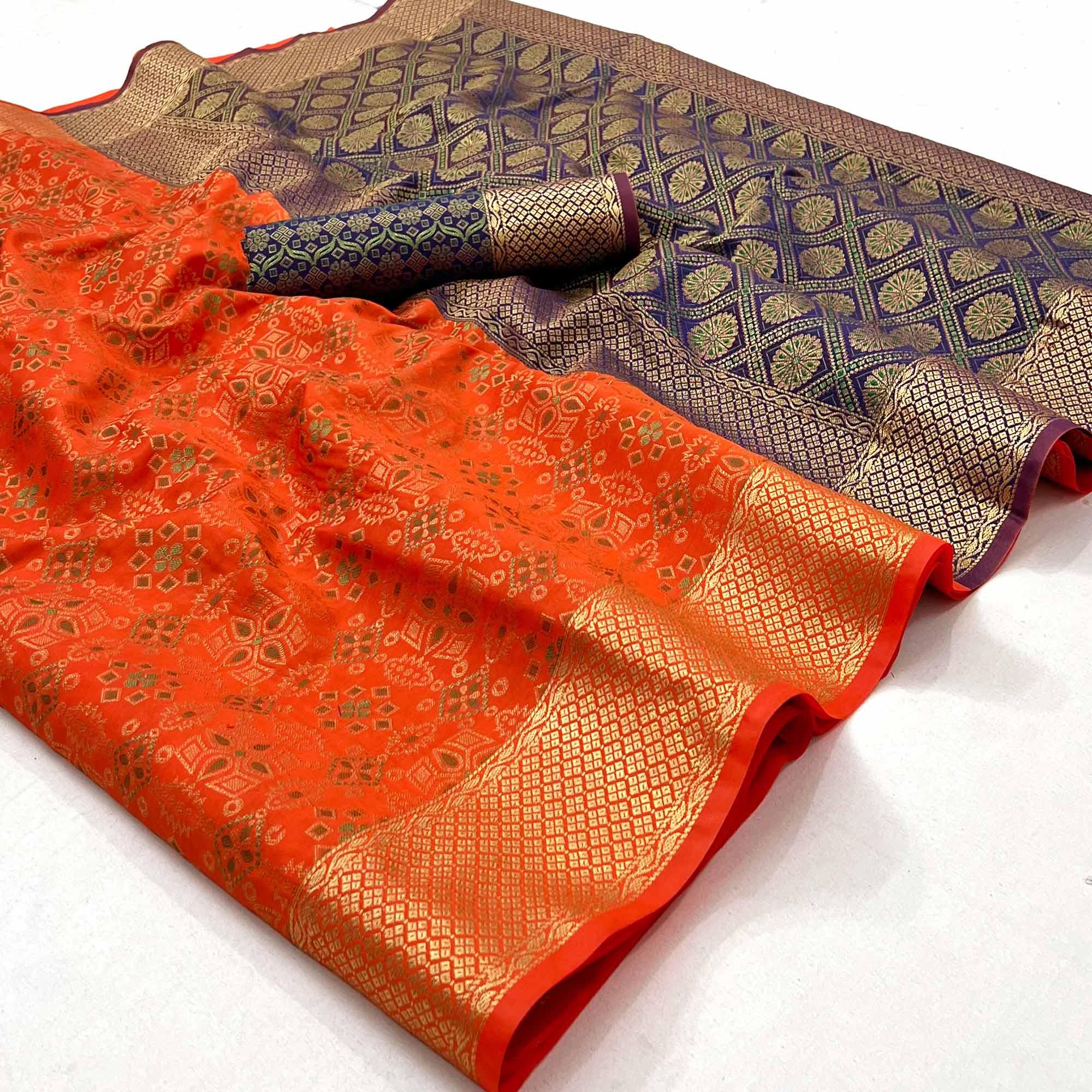 Orange Woven Patola Art Silk Saree - Peachmode