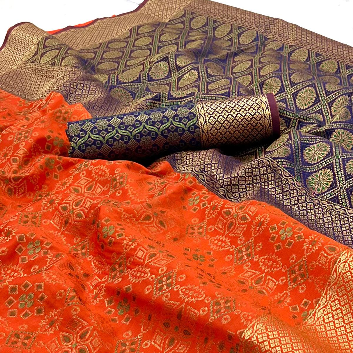 Orange Woven Patola Art Silk Saree - Peachmode