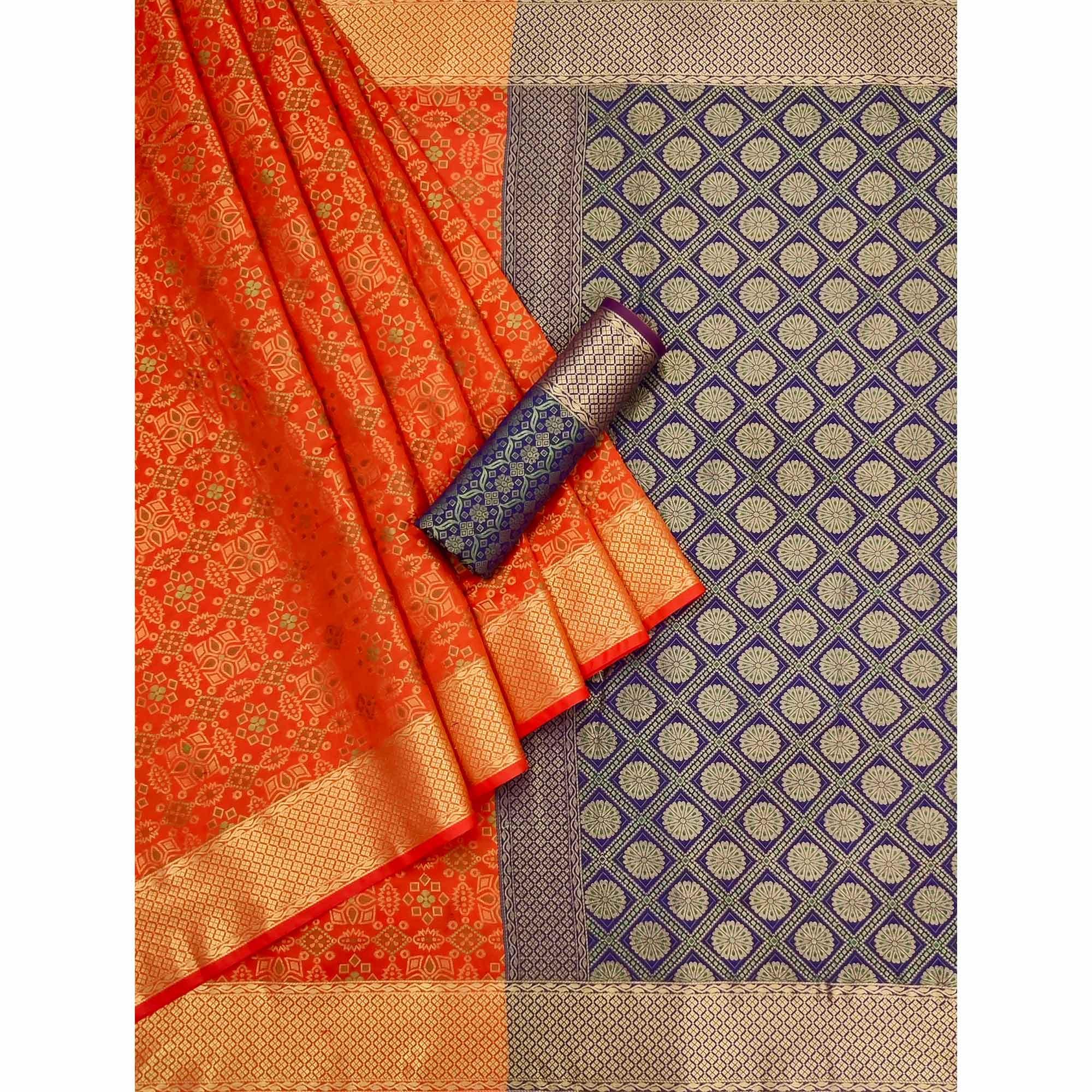 Orange Woven Patola Art Silk Saree - Peachmode