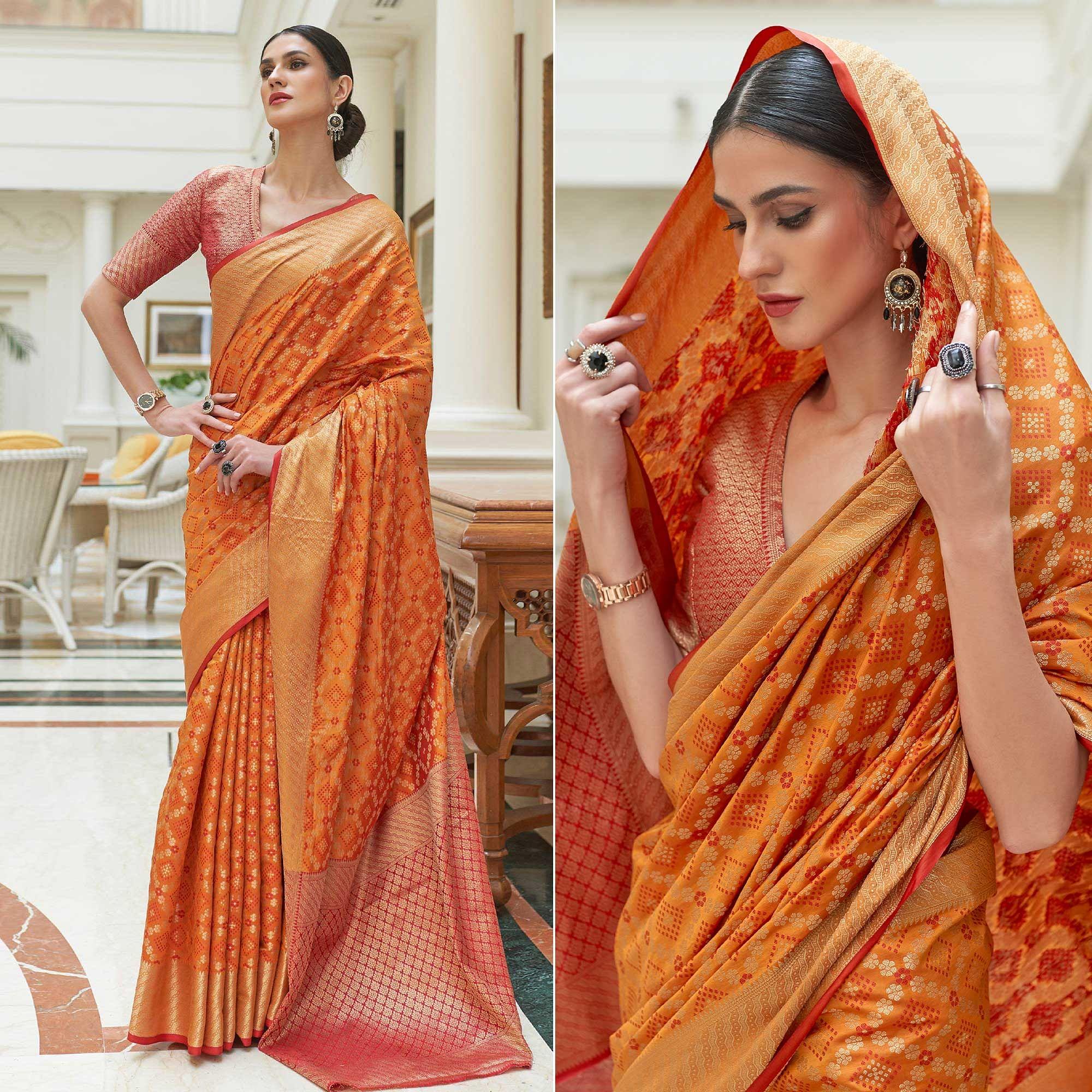 Orange Woven Patola Banarasi Silk Saree - Peachmode