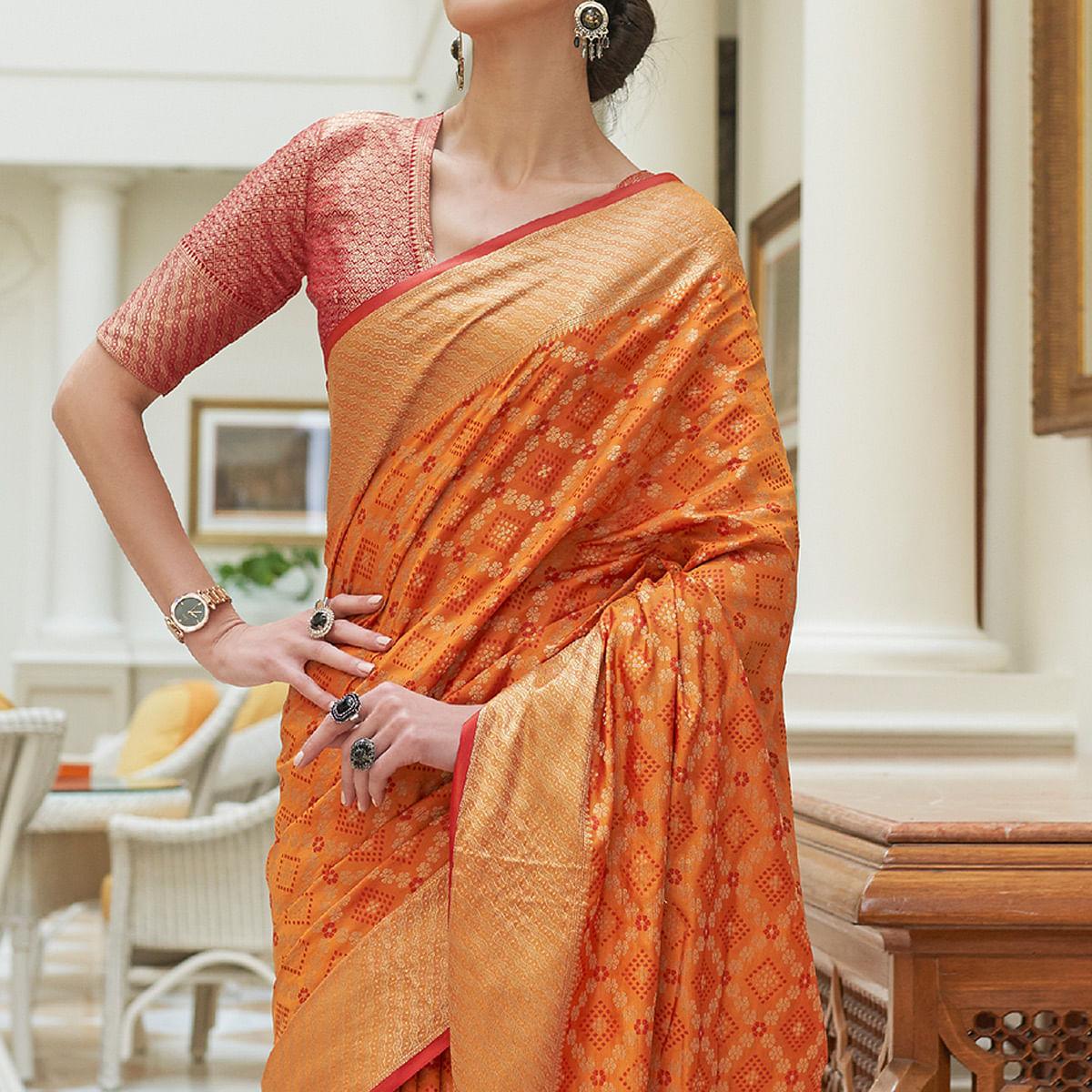 Orange Woven Patola Banarasi Silk Saree - Peachmode