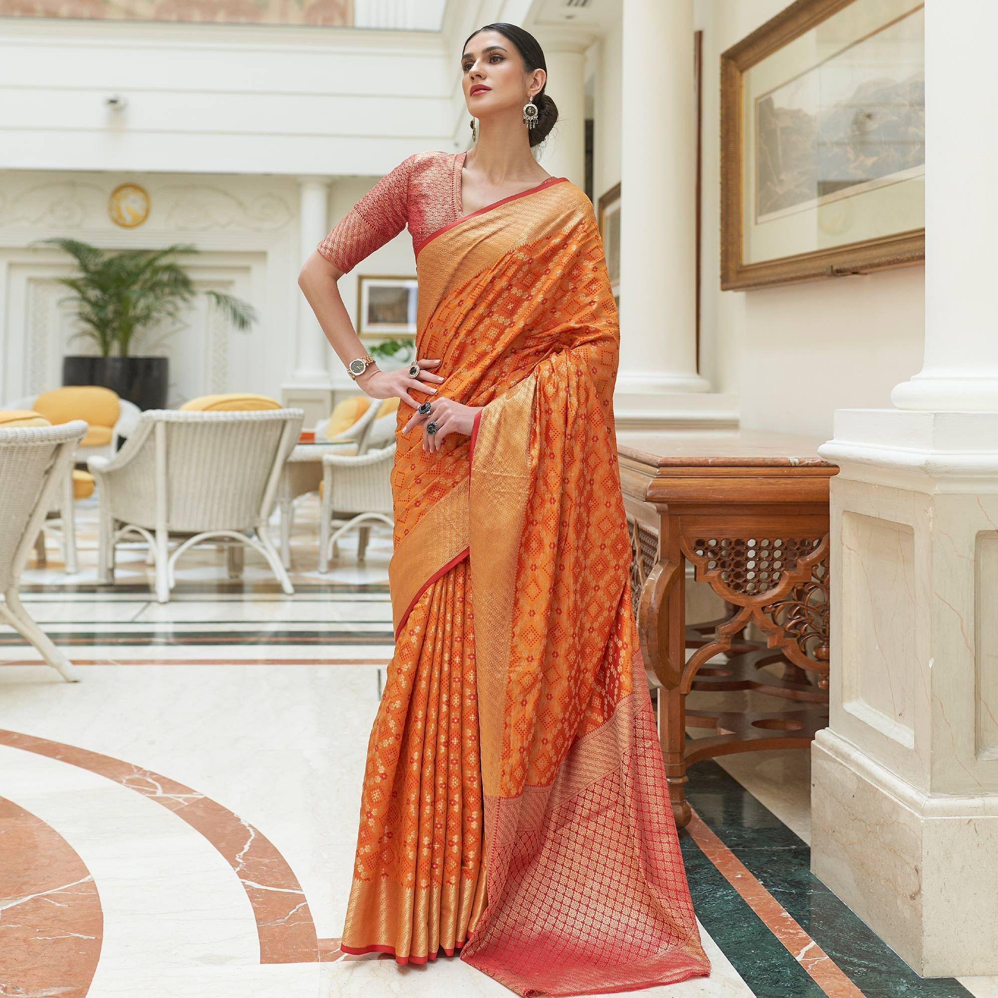 Orange Woven Patola Banarasi Silk Saree - Peachmode