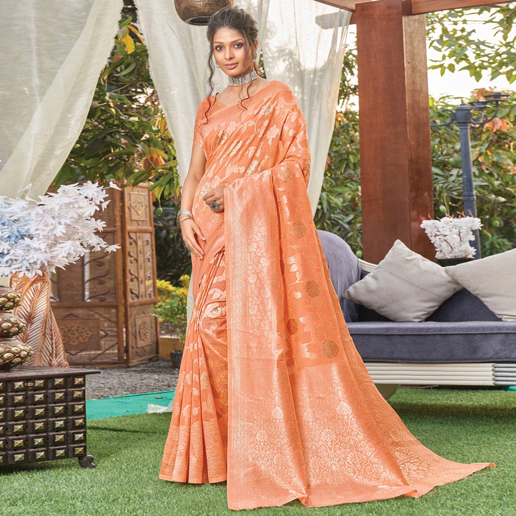 Orange Woven Poly Cotton Saree - Peachmode
