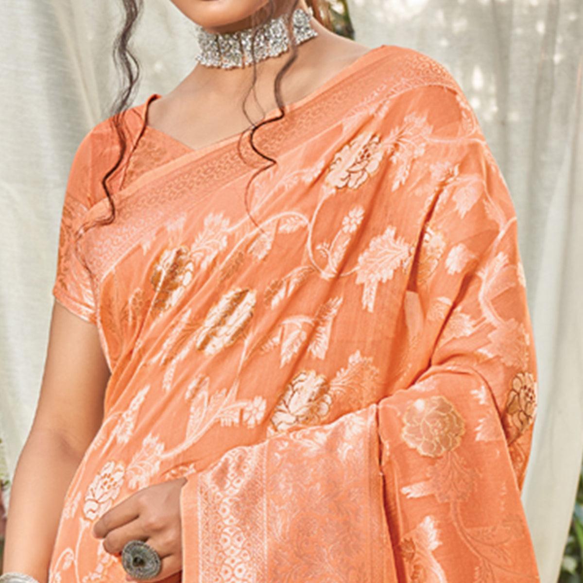 Orange Woven Poly Cotton Saree - Peachmode