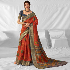 Orange Woven-Printed Chanderi Saree - Peachmode