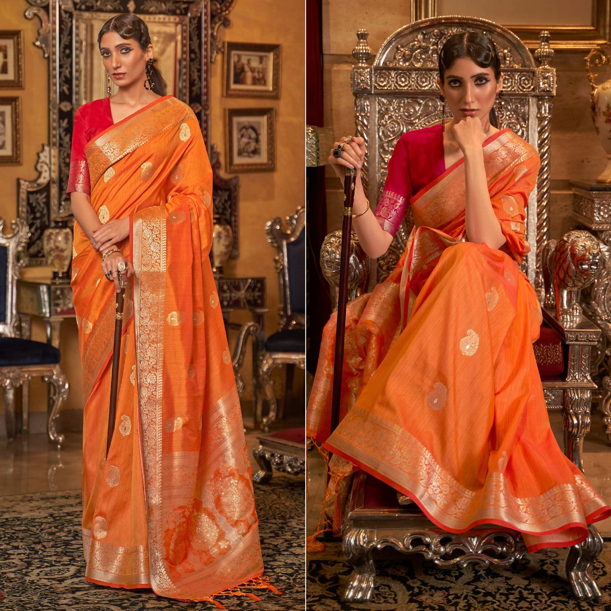 Orange Woven Pure Silk Saree - Peachmode