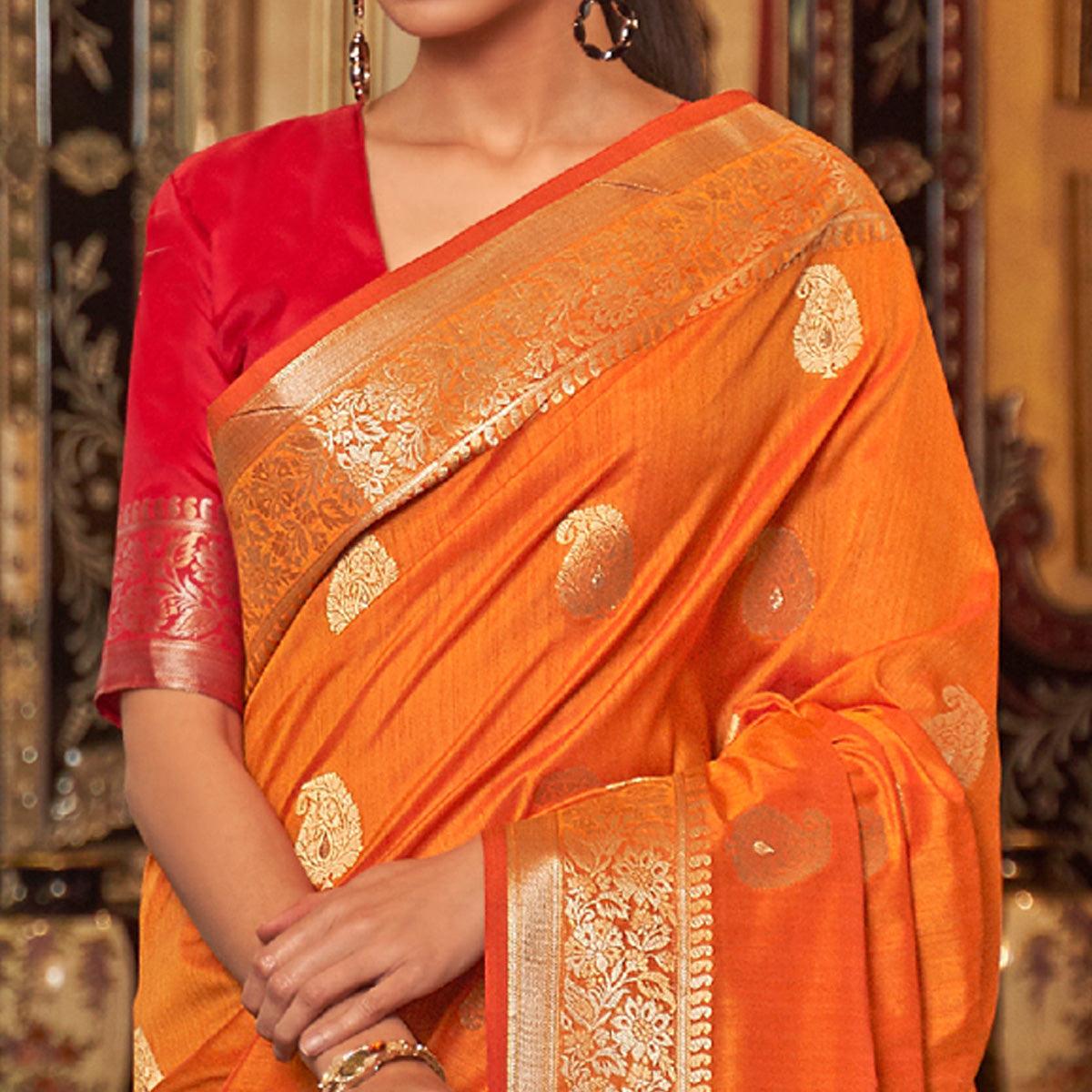 Orange Woven Pure Silk Saree - Peachmode