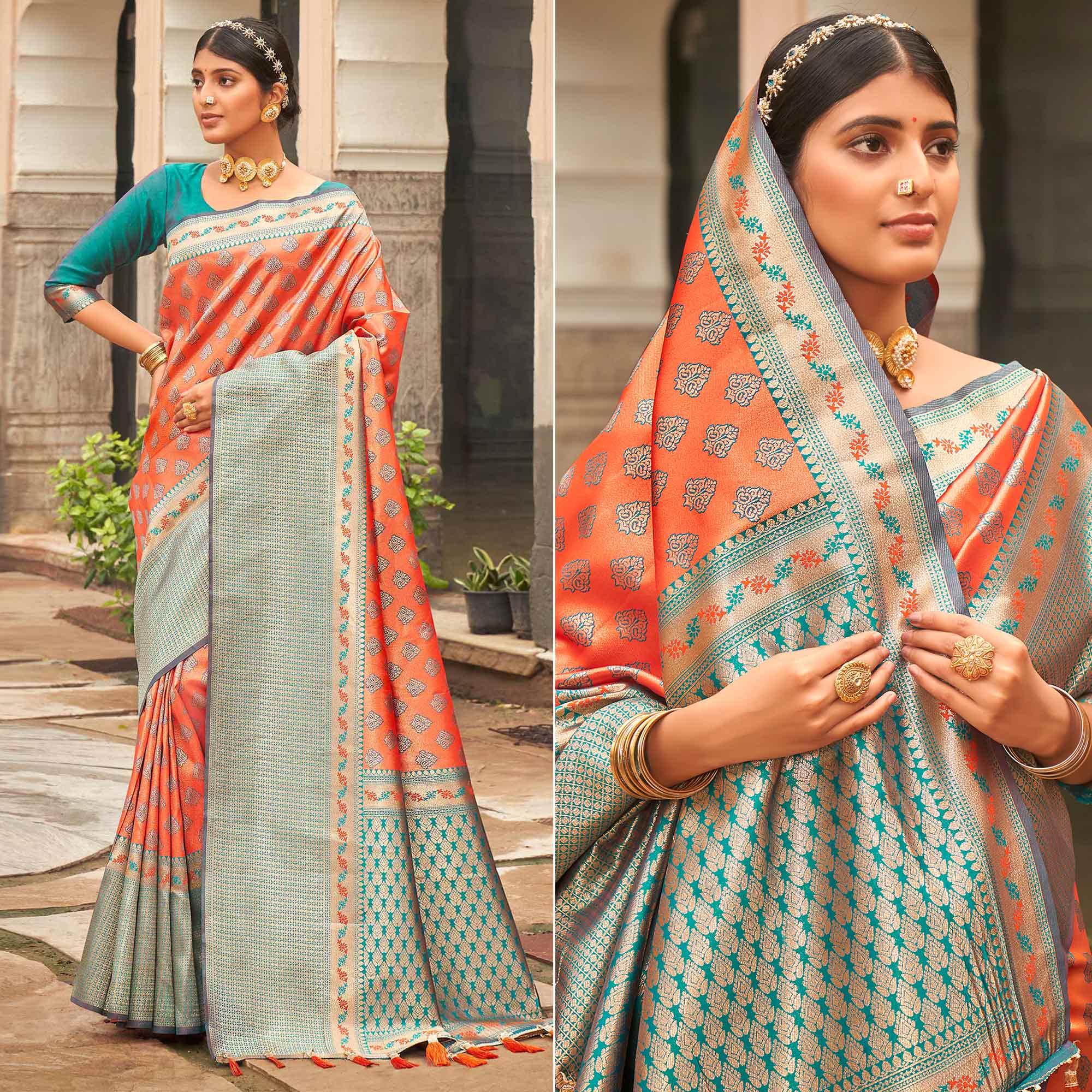 Orange Woven Silk Saree With Tassels - Peachmode