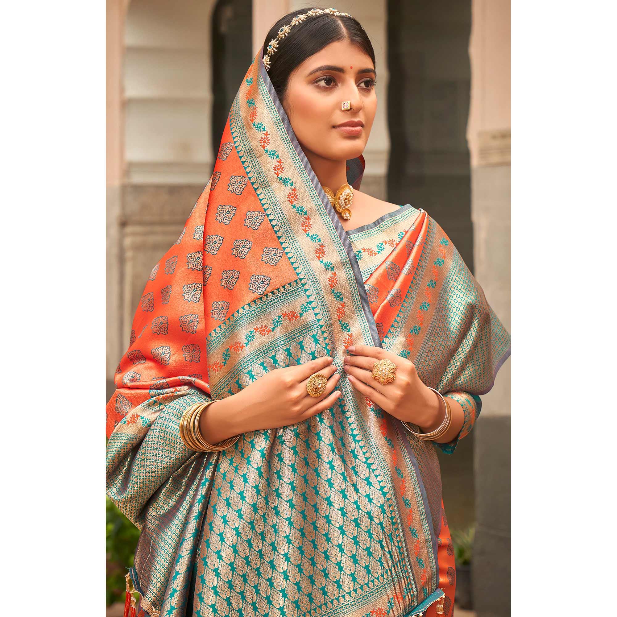 Orange Woven Silk Saree With Tassels - Peachmode