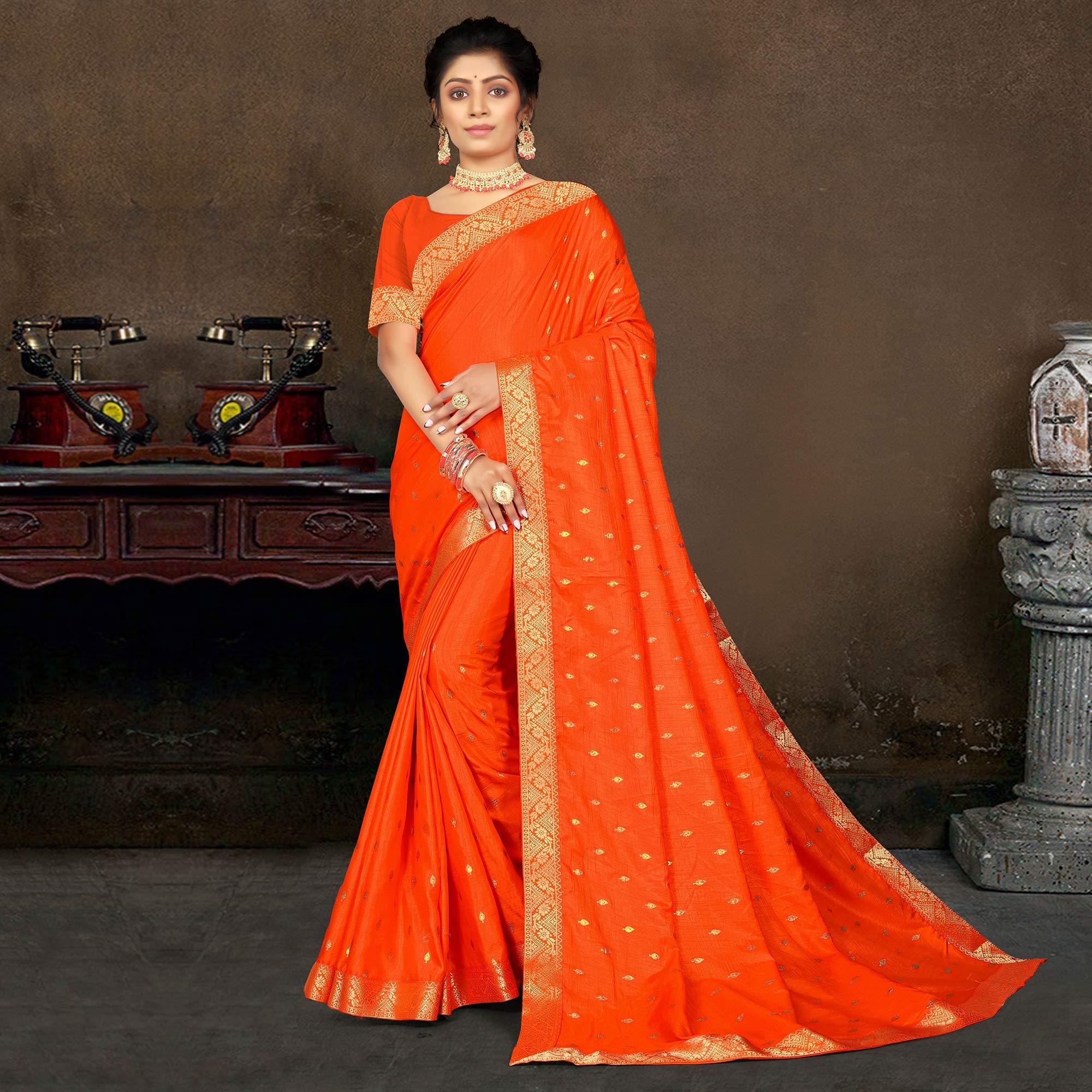 Orange Woven Vichitra Silk Saree - Peachmode