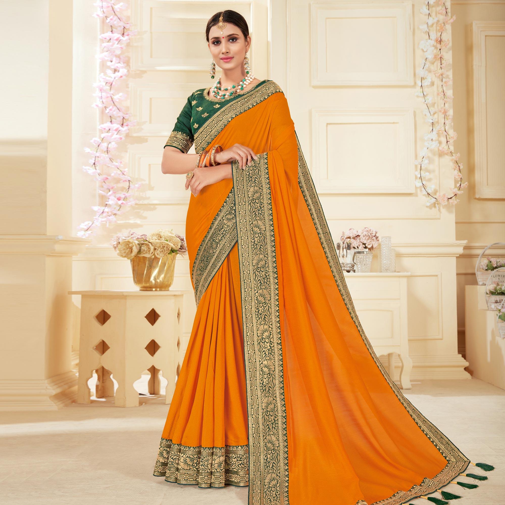 Orange Woven Vichitra Silk Saree - Peachmode