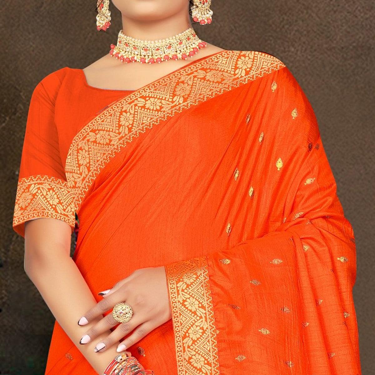 Orange Woven Vichitra Silk Saree - Peachmode