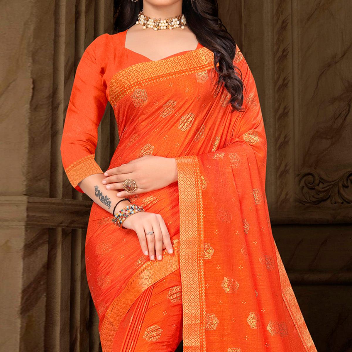 Orange Woven Vichitra Silk Saree - Peachmode