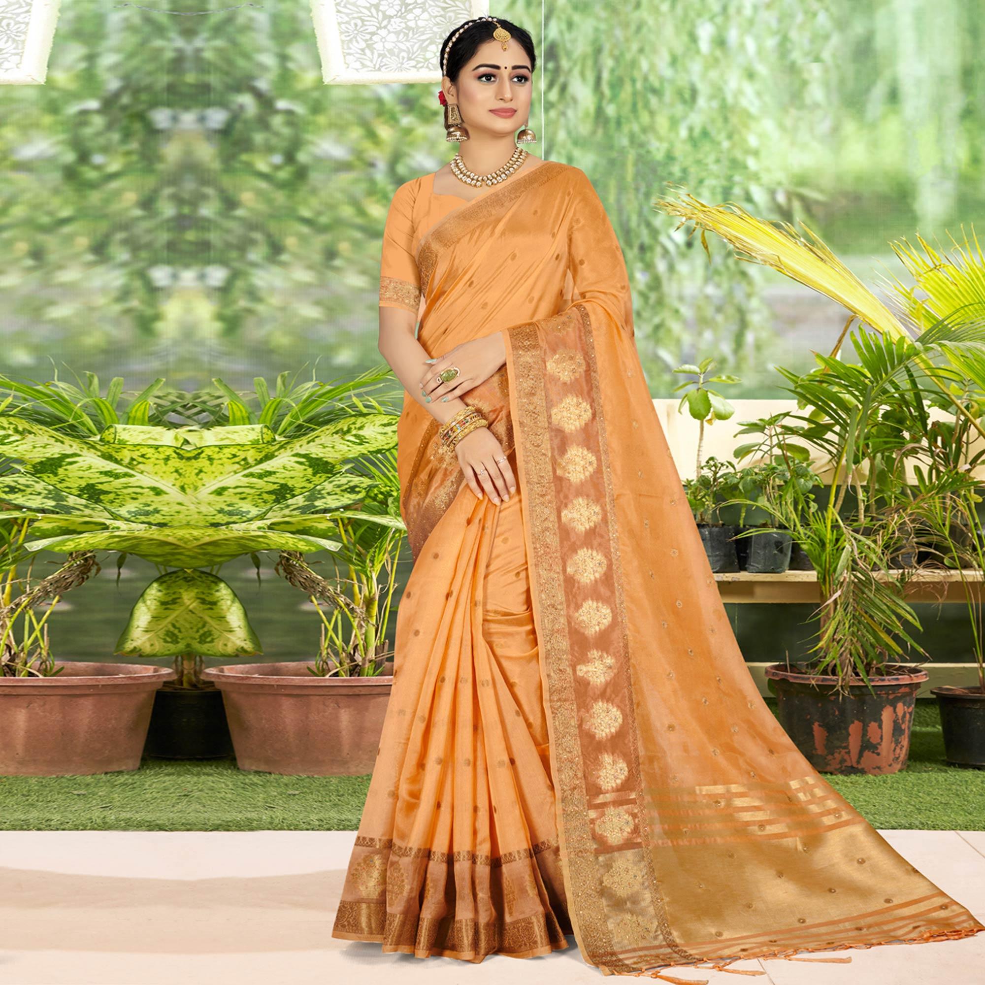 Orange Woven With Embellished Organza Saree With Tassels - Peachmode