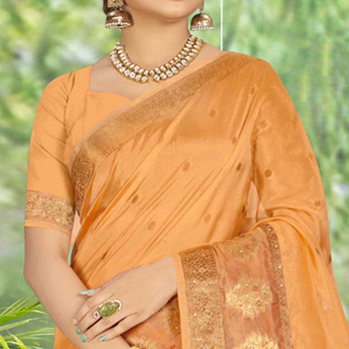 Orange Woven With Embellished Organza Saree With Tassels - Peachmode