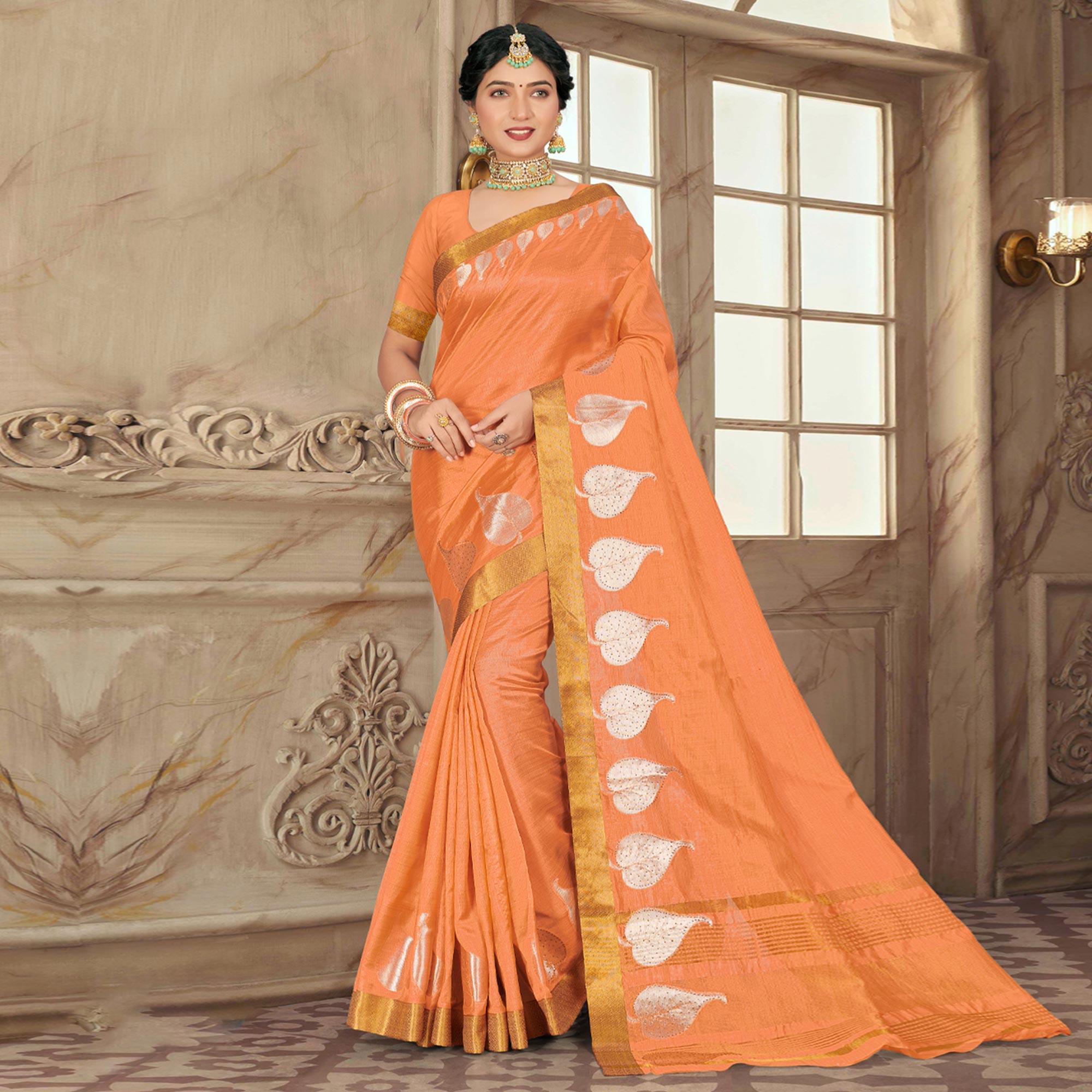 Orange Woven With Embellished Poly Cotton Saree - Peachmode