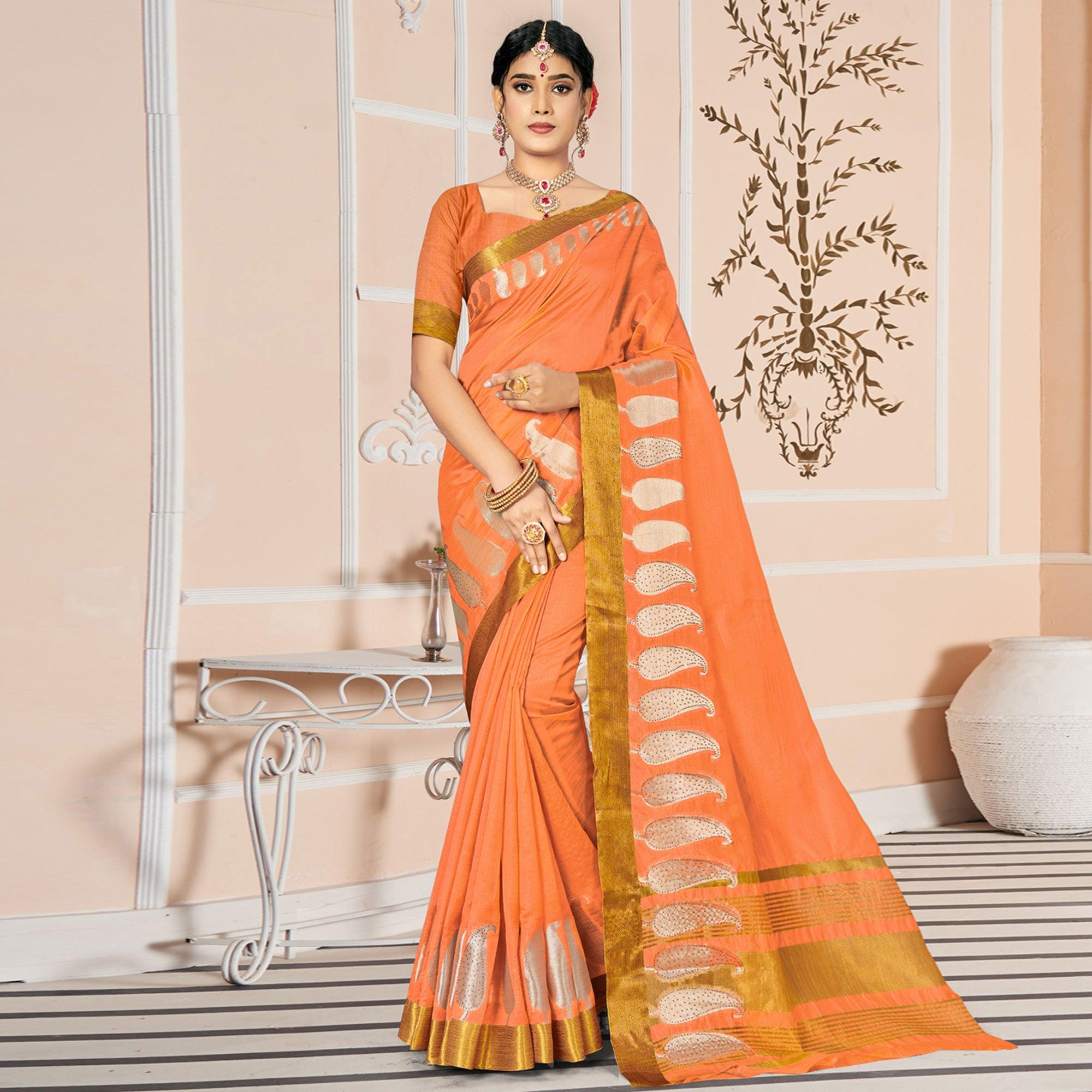 Orange Woven With Embellished Poly Cotton Saree - Peachmode