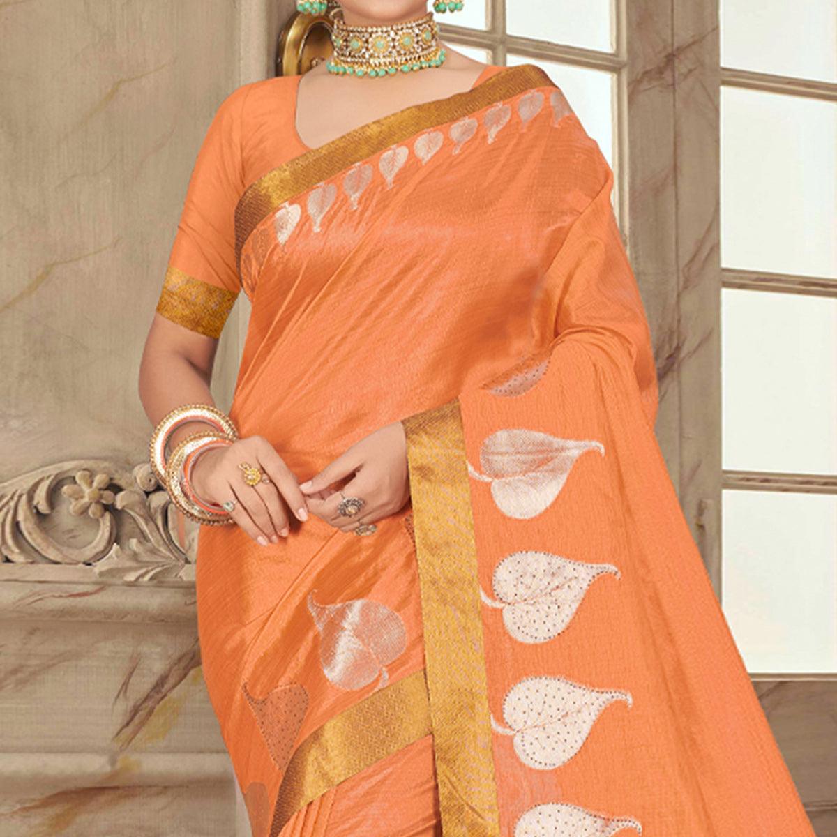 Orange Woven With Embellished Poly Cotton Saree - Peachmode
