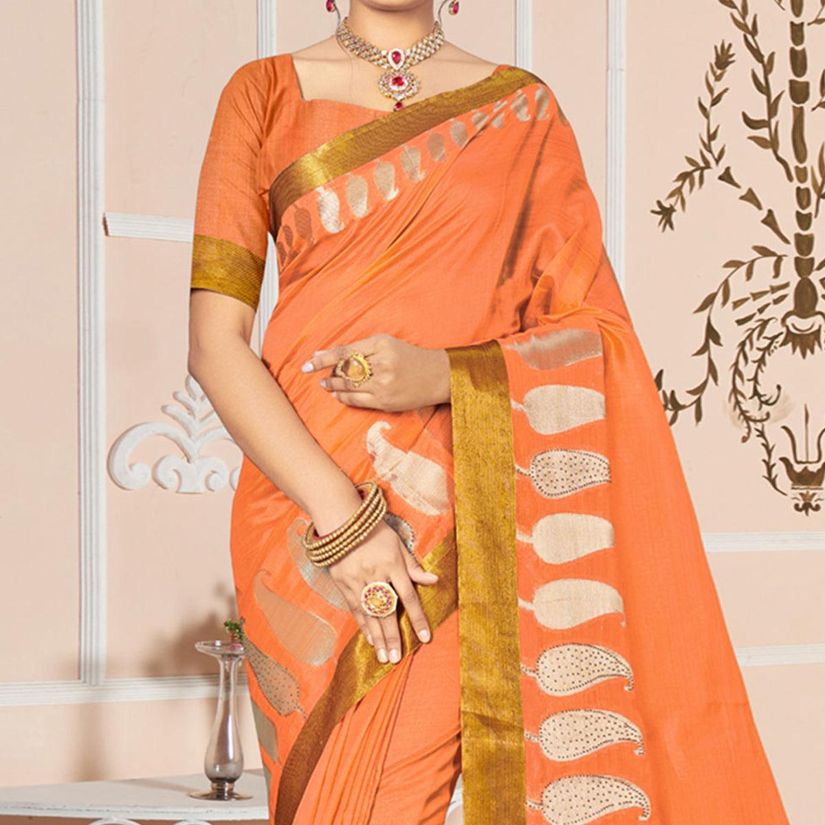 Orange Woven With Embellished Poly Cotton Saree - Peachmode