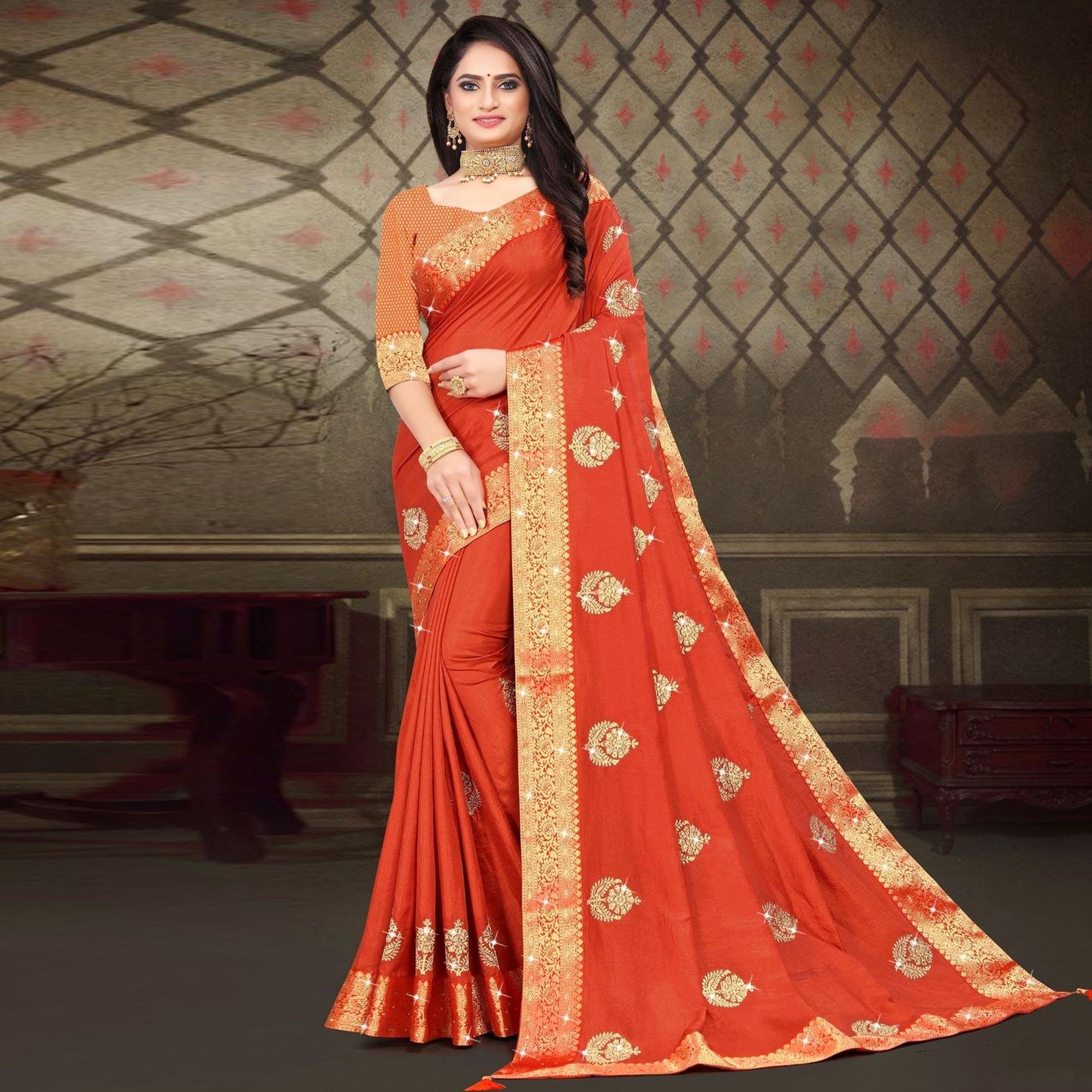 Orange Woven With Embellished Vichitra Silk Saree - Peachmode