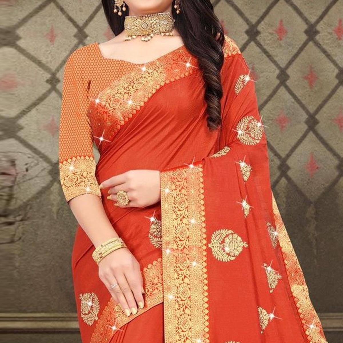 Orange Woven With Embellished Vichitra Silk Saree - Peachmode