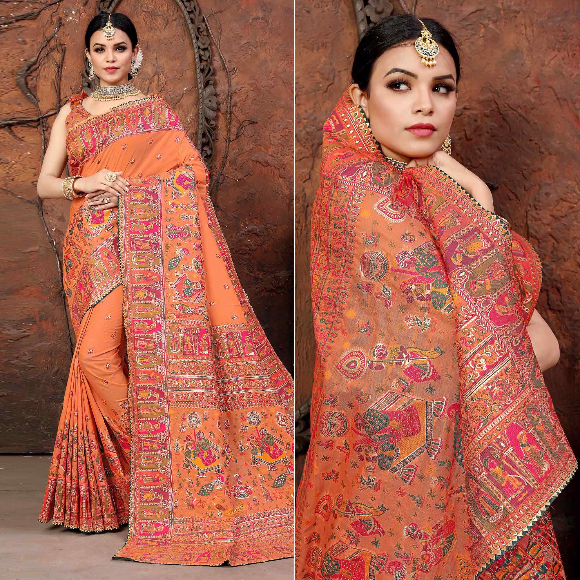 Orange Woven With Gota Patti Border Chanderi Saree - Peachmode