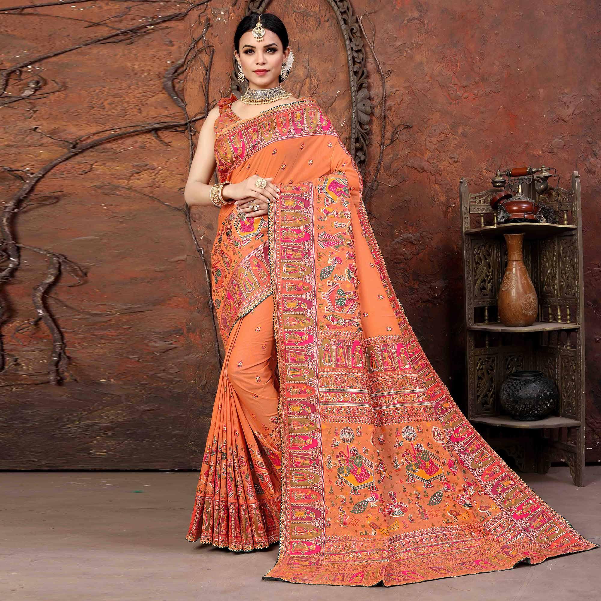 Orange Woven With Gota Patti Border Chanderi Saree - Peachmode