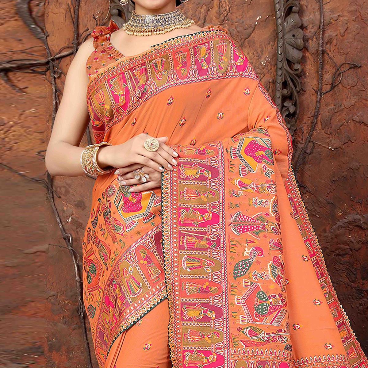 Orange Woven With Gota Patti Border Chanderi Saree - Peachmode